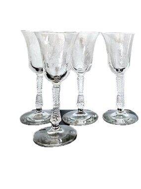 Set of 4 Vintage Libby MCM Rock Sharpe Blossoms Wine Glasses Etched Floral Cut